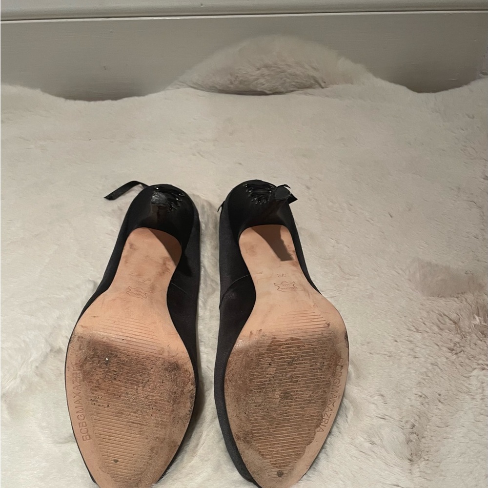 BCBG MaxAzria Anya Black Satin Peep Toe Heels - Picture 6 of 6